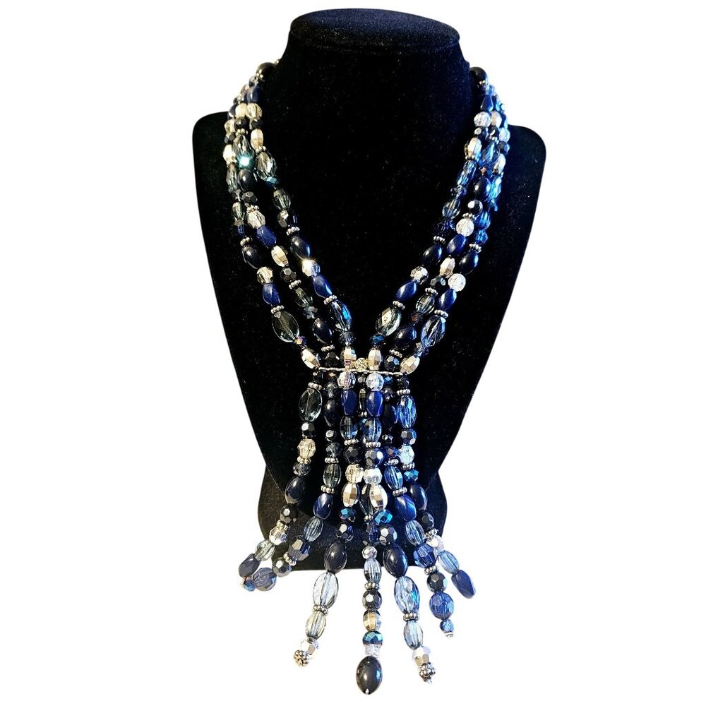 Erica Lyons Boho Large Chunky Blue Silver Bead Three-Strand Dangle Bib Necklace